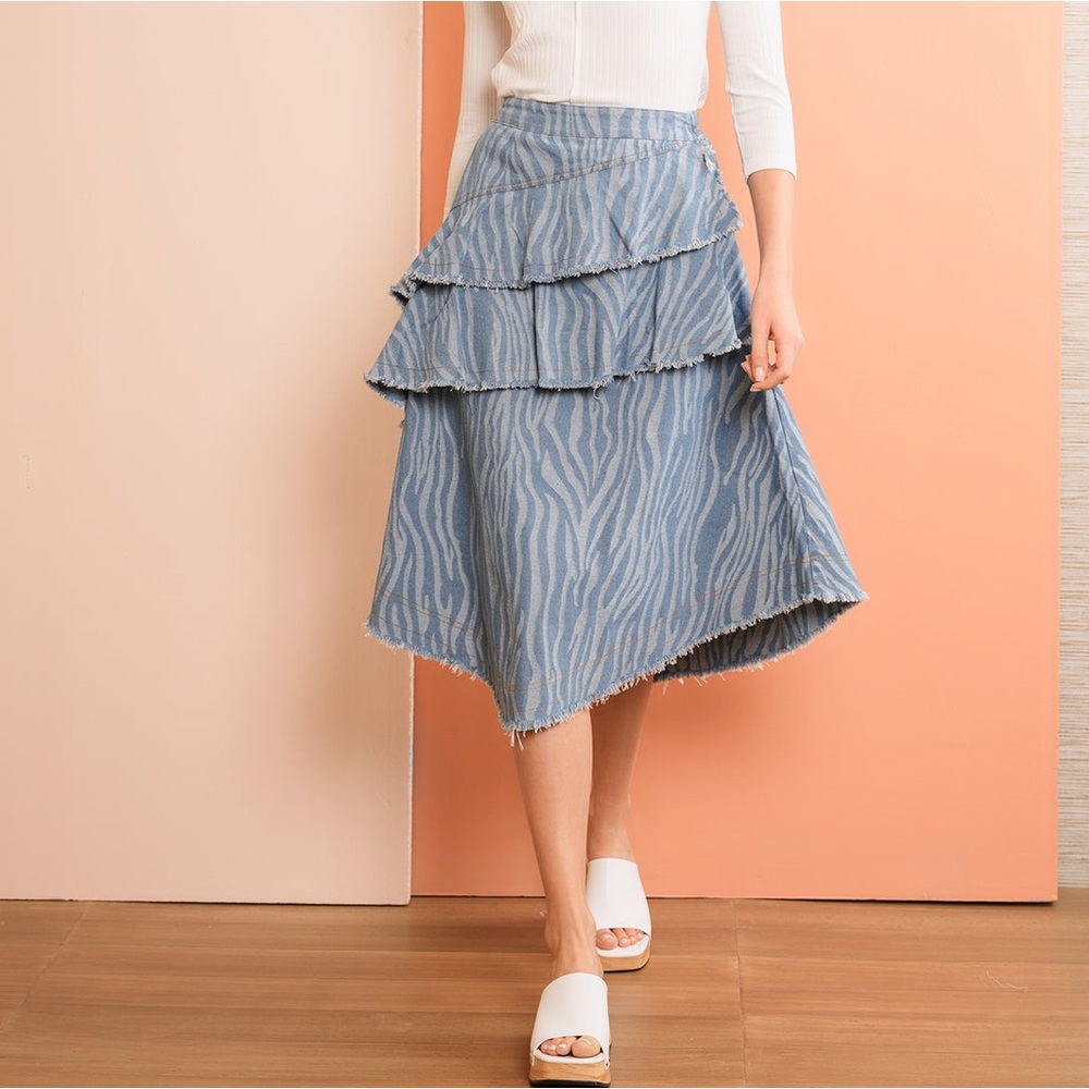 UDEL 70% Cotton Asymmetrical Ruffle A-Line Midi Knee-Length Denim Modest Skir XL